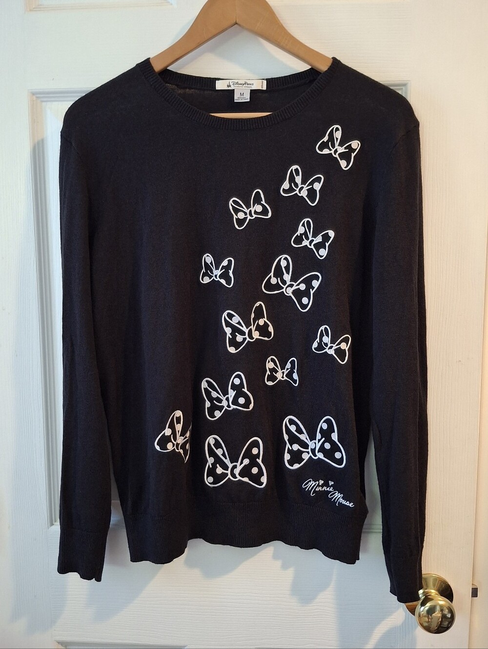 Disney Parks Minnie Mouse Hair Bow Black Sweater Embroidery Wool Blend Sz M